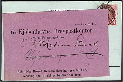 10 c. på brevkort fra Anvers d. 22.8.1910 til København, Danmark. Påsat forespørgselsetiket fra Kjøbenhavns Brevpostkontor O.Pm. Form. Nr. 18 a.