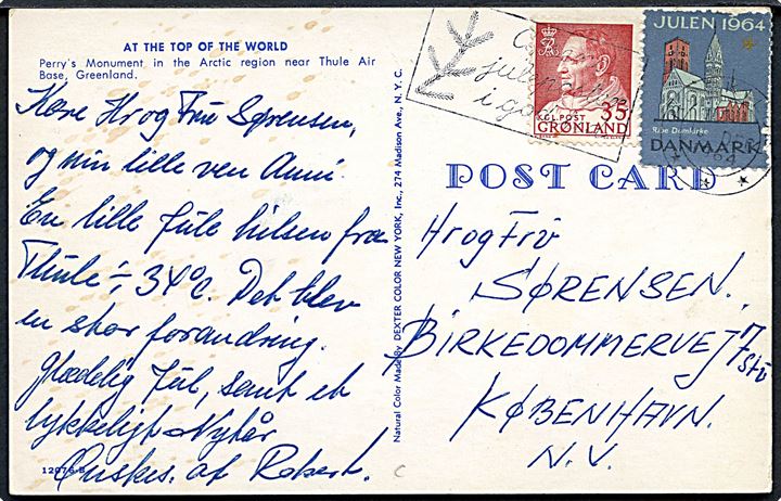 35 øre Fr. IX og dansk Julemærke 1964 på brevkort fra Thule Air Base annulleret med dansk stempel i Roskilde d. 18.12.1964 til København.