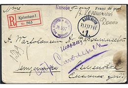 Ufrankeret anbefalet krigsfangebrev fra Dansk Røde Kors i Kjøbenhavn d. 21.7.1917 til Cemenovka, Rusland. Retur med flere stempler og censur fra Moskva. Klippet i toppen.