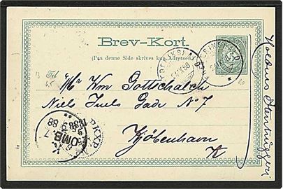 5 øre helsagsbrevkort fra Frederikshald d. 24.9.1888 til København, Danmark.