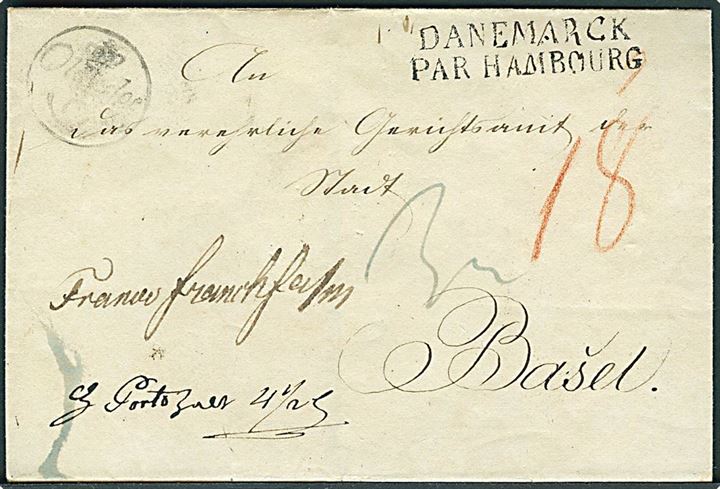 1830. Francobrev med krone/posthorn stempel Oldesloe og Danemarck par Hamburg, samt T. T. Hamburg d. 26.11.1830 til Basel, Schweiz. Påskrevet: Franco Frankfurt a/M., samt flere andre portopåtegninger.