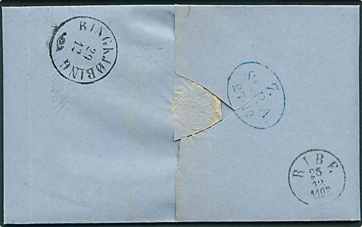 Hamburg. 1 1/4 sch. stukken kant i vandret parstykke på 2½ sch. frankeret brev annulleret St. P. A. Hamburg d. 27.12.1866 via Ribe til Ringkjøbing, Danmark. 