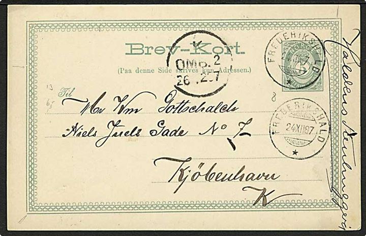 5 øre helsagsbrevkort fra Frederikshald d. 24.12.1887 til København, Danmark.