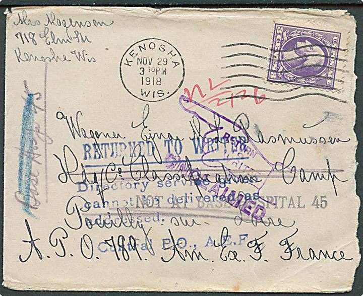 3 cents Washington på brev fra Kenosha d. 29.11.1918 til dansker Rasmussen ved Hdq. Co. Classification Camp, Pouilly, APO 789, Am. Ex. F. France. Eftersendt og siden  returneret med mange stempler. 