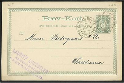 5 øre helsagsbrevkort fra Frederikshald annulleret med bureaustempel Bureau Reexp. de Christania d. 13.6.1888 til Christiania.