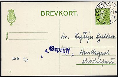 15 øre helsagsbrevkort (fabr. 147) fra Assens d. 28.9.1943 til interneret kaptajn på Hindsgavl ved Middelfart. Blå Stalag-censur Geprüft. Noteret modtaget d. 6.10.1943.