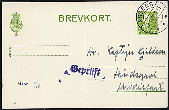 15 øre helsagsbrevkort (fabr. 147) fra Assens d. 28.9.1943 til interneret kaptajn på Hindsgavl ved Middelfart. Blå Stalag-censur Geprüft. Noteret modtaget d. 6.10.1943.