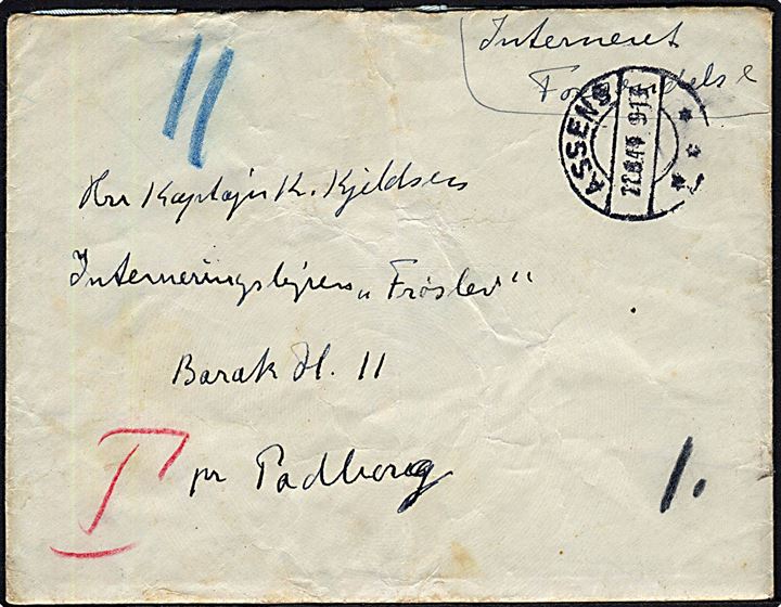 Ufrankeret interneret forsendelse fra Assens d. 28.6.1944 til dansk kaptajn K. Kjeldsen i Interneringslejren Frøslev pr. Padborg. Fuldt indhold.