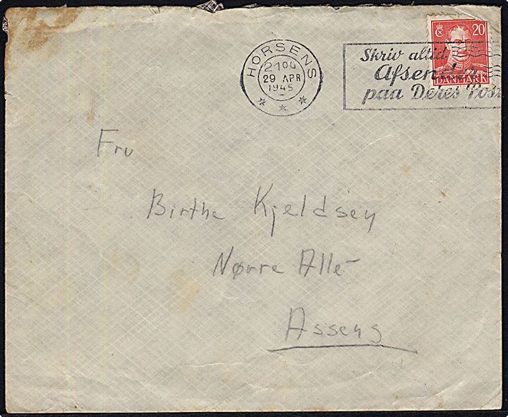 20 øre Chr. X (defekt) på brev med indhold dateret Møgelkiær stemplet Horsens d. 29.4.1945 til Assens. Fuldt indhold fra dansk KZ-fange, K. Kjeldsen, under de Hvide Bussers ophold i Møgelkjær på vej til Sverige. 