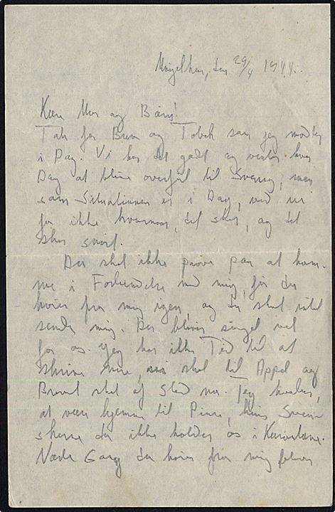 20 øre Chr. X (defekt) på brev med indhold dateret Møgelkiær stemplet Horsens d. 29.4.1945 til Assens. Fuldt indhold fra dansk KZ-fange, K. Kjeldsen, under de Hvide Bussers ophold i Møgelkjær på vej til Sverige. 