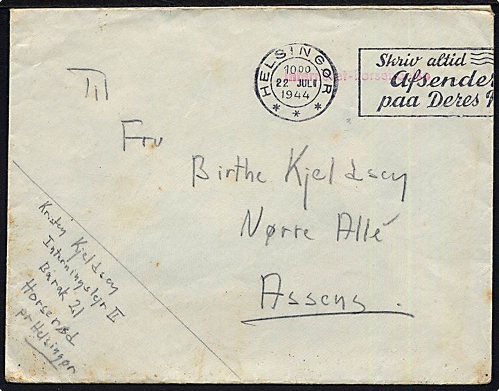 Ufrankeret brev med liniestempel Interneret-forsendelse stemplet Helsingør d. 22.7.1944 til Assens. Sendt fra dansk kaptajn Kresten Kjeldsen i Interneringslejr II, Horserød pr. Helsingør. Fuldt indhold.