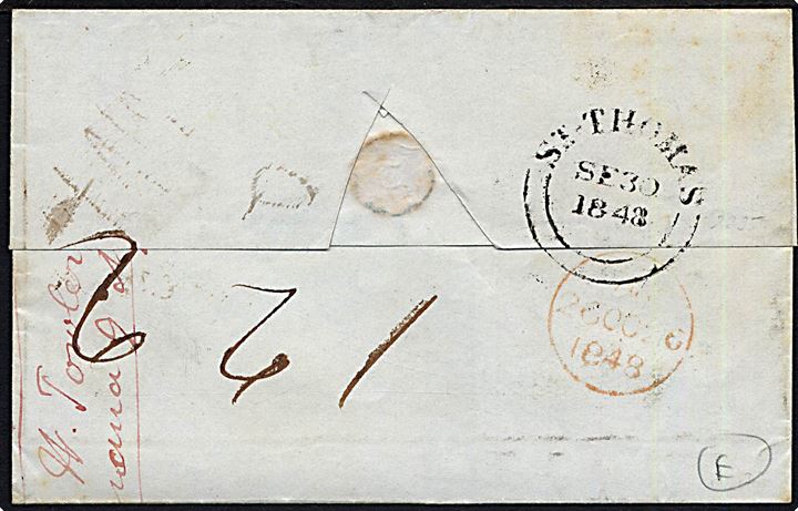 1848. Brevomslag med 2-ringsstempel St-Thomas d. 30.9.1848 til London, England. Ank.stemplet London d. 26.10.1848.