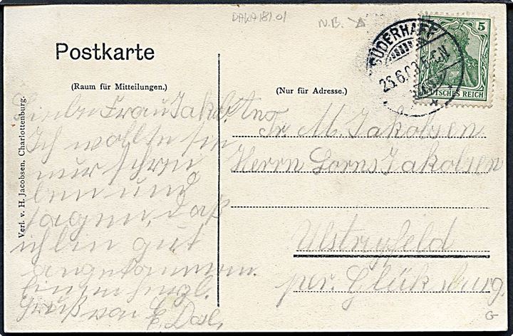 Sønderhav. Gruss aus Strandhotel Süderhaff. Bes: Frau Ww. Madsen.H. Jacobsen u/no. Frankeret med 5 pfg. Germania annulleret Süderhaff d. 26.6.1908 til Glücksburg.