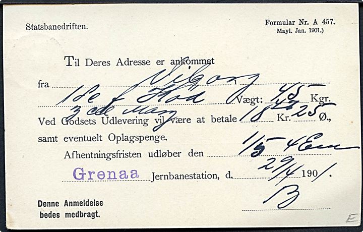 5 øre Våben på adviskort fra Statsbanedriften annulleret med lapidar Grenaa d. 30.4.1901 til Anholt via Postfører Petersen, Havnen (i Grenaa). På bagsiden liniestempel Grenaa.