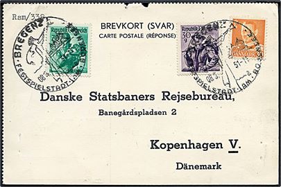 30 øre Fr. IX og østrigsk 30 g. og 70 g. på blandingsfrankeret internationalt svarkort annulleret Bregenz d. 8.5.1951 til København, Danmark.