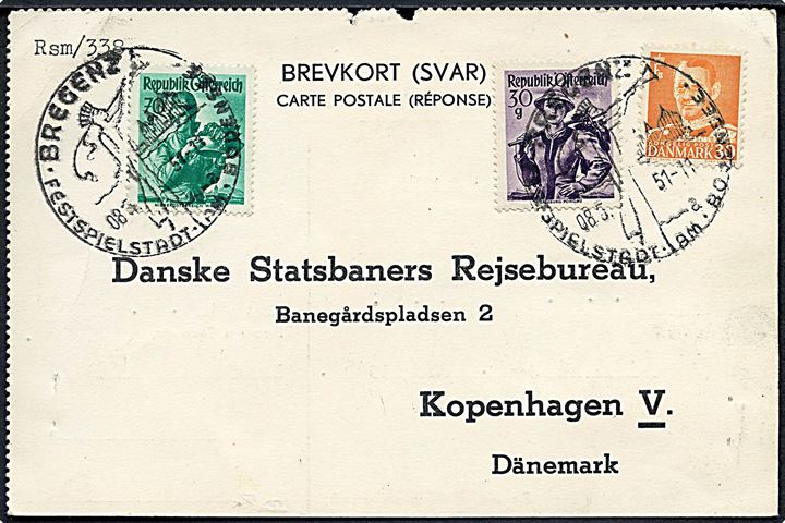 30 øre Fr. IX og østrigsk 30 g. og 70 g. på blandingsfrankeret internationalt svarkort annulleret Bregenz d. 8.5.1951 til København, Danmark.
