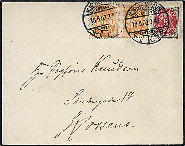 1 øre Våben (par) og 8 øre Tofarvet omv. rm. på brev fra Kjøbenhavn d. 18.6.1903 til Horsens.