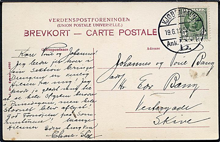 5 øre Fr. VIII på brevkort (Mindekort med Kong Chr. IX) annulleret med brotype Vf stempel Kjøbenhavn Ank. B. P.P. d. 19.6.1912 3.POST til Skive. Usædvanligt stempel til annullering af brevkort.