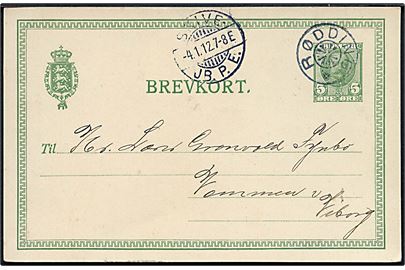 5 øre Fr. VIII helsagsbrevkort annulleret med stjernestempel RØDDING og sidestemplet Skive JB.P.E. d. 4.1.1912 til Vammen pr. Viborg.