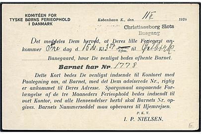 15 øre Chr. X helsagsbrevkort (fabr. 73-H) med fortrykt meddelelse fra Komitéen for Tyske Børns Ferieophold i Danmark fra København d. 11.2.1924 til Østbirk.
