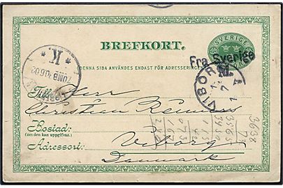 5 öre helsagsbrevkort fra Malmö annulleret med skibsstempel Fra Sverige M. og sidestemplet Kjøbenhavn d. 30.6.1902 til Viborg, Danmark.