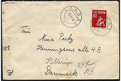 20 øre Løve på brev fra Sparbu d. 15.6.1940 til Hellerup, Danmark. Åbnet af tysk censur i Hamburg.