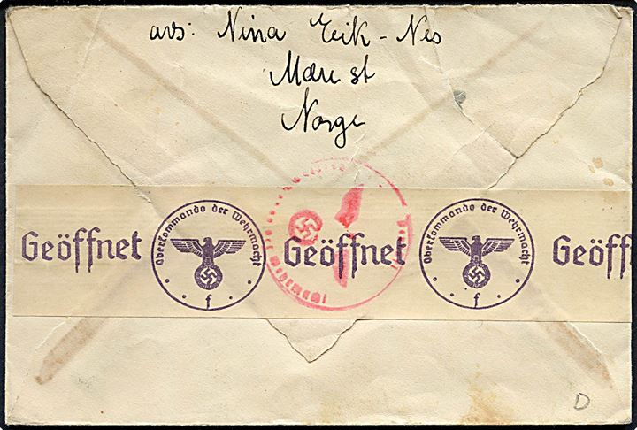20 øre Løve på brev fra Sparbu d. 15.6.1940 til Hellerup, Danmark. Åbnet af tysk censur i Hamburg.