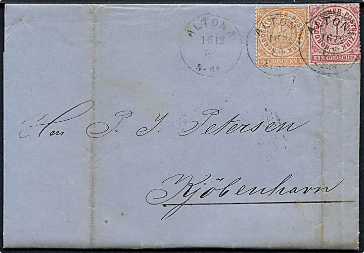 Norddeutscher Postbezirk ½ gr. og 1 gr. på brev fra Altona d. 16.12.1869 til Kjøbenhavn, Danmark. Særtakst fra Hertugdømmerne til Danmark. Fold i et mærke.
