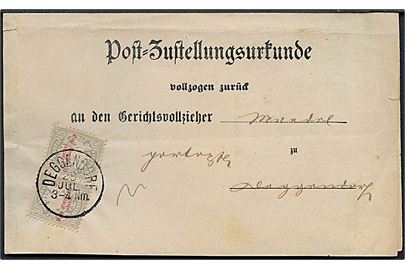 Bayern. Postzustellungsurkunde med 10 pfg. Portomærke (2) stemplet Deggendorf d. 28.7.18xx.