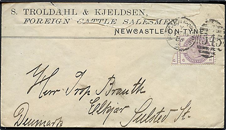 2½d Victoria på brev fra Newcastle on Tyne d. 10.12.1885 til Sulsted, Danmark. Urent åbnet.