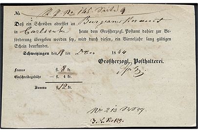 1844. Postkvittering for afsendelse af brev fra Schwesingen Posthalterei d. 18.12.1844 til Carlsruhe.