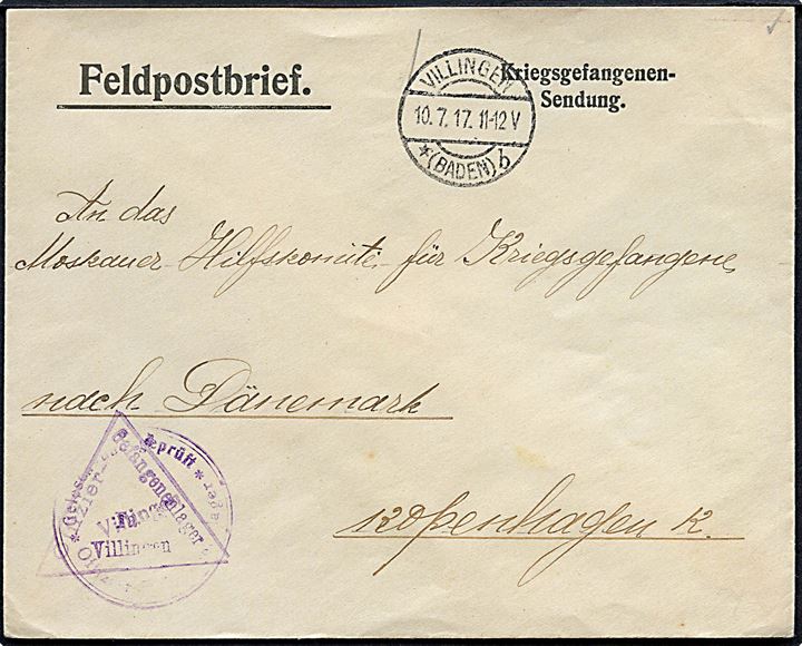 Ufrankeret krigsfangebrev fra Villingen d. 10.7.1917 til Moskauer Hilfscomite i København, Danmark. Fra russisk officer med violet lejrcensur.
