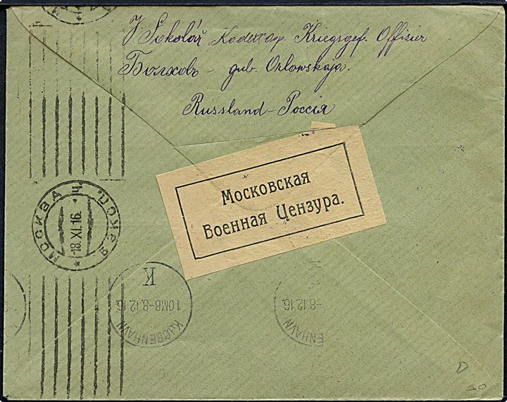 Ufrankeret krigsfangebrev fra Bolkhov via Moskva d. 18.11.1916 til Dansk Røde Kors i København, Danmark. Åbnet af russisk censur i Moskva.