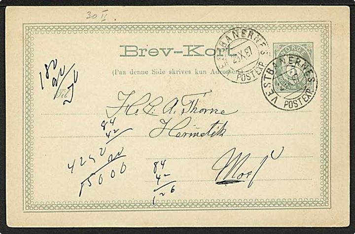 5 øre helsagsbrevkort fra Laurvig annulleret med bureaustempel Vestbanernes Postexp. d. 29.10.1887 til Moss.