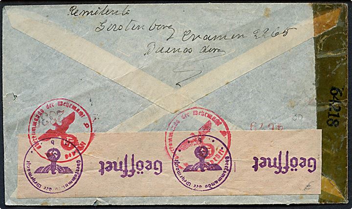 1,45 p. blandingsfrankeret luftpostbrev fra Buenos Aires d. 17.12.1943 til København, Danmark. Dobbeltcensureret og åbnet af både amerikansk og tysk censur.