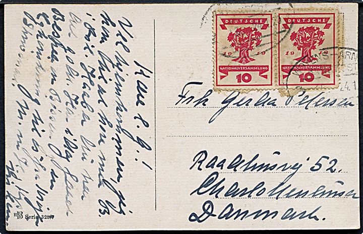 10 pfg. Weimar udg. i parstykke på brevkort annulleret med svagt bureaustempel Woyens - Arnum Bahnpost Zug 45 d. 24.1.1919 til Charlottenlund. Weimar udg. var ikke gyldig til udlandet. Sen anvendelse, umiddelbart inden afstemningsperioden.