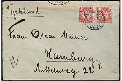 10 öre Gustaf i parstykke på brev fra Stockholm d. 11.4.1915 til Hamburg, Tyskland. Åbnet af tysk censur i Hamburg.