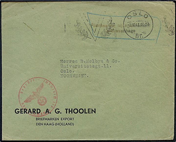 Ufrankeret fortrykt kuvert fra Den Haag stemplet Frankeering bij Abonnement / s'Gravenhage til Oslo, Norge. Ank.stemplet Oslo d. 3.10.1941. Passérstemplet ved den tyske censur.