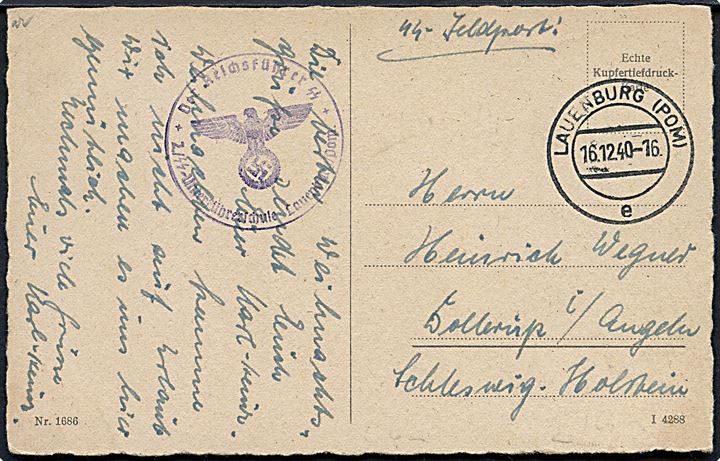 Ufrankeret SS-feltpost brevkort frra Lauenburg (Pom) d. 16.12.1940 til Dollerup i/ Angeln. Briefstempel Der Reichsführer SS * 2 SS-Unterführerschule Lauenburg / Pom..