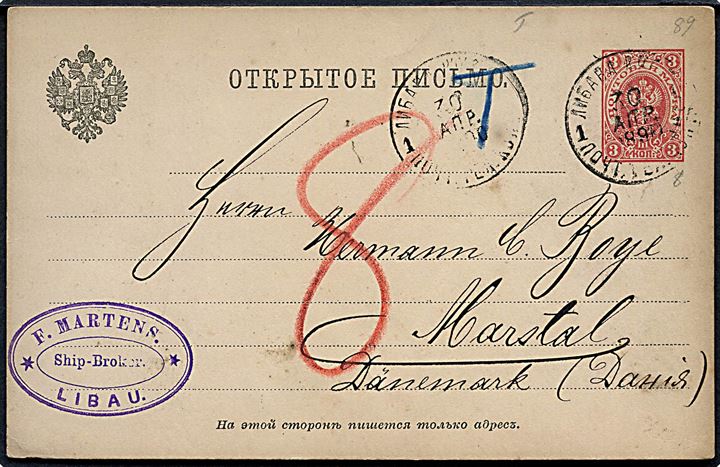 3 kop. helsagsbrevkort fra Libau d. 30.4.1890 til Marstal, Danmark. Udtakseret i 8 øre dansk porto.