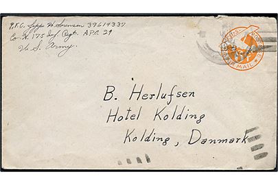 Amerikansk 6 cents helsagskuvert annulleret med svagt feltpoststempel d. 29.10.1945 til Kolding, Danmark. Sendt fra soldat ved 175 Inf. Regiment, APO 29 (= Grohn, Tyskland). Uden censur.