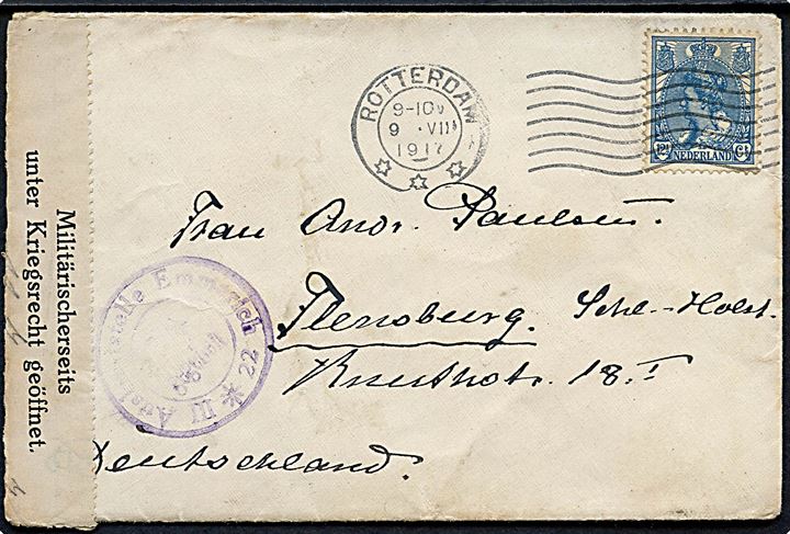 12½ c. på brev fra Rotterdam d. 9.8.1917 til Flensburg, Tyskland. Åbnet af tysk censur i Emmerich.