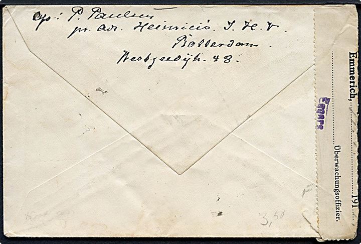 12½ c. på brev fra Rotterdam d. 9.8.1917 til Flensburg, Tyskland. Åbnet af tysk censur i Emmerich.