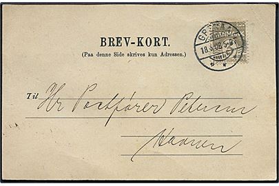 3 øre Bølgelinie på De danske Statsbaner adviskort stemplet Grenaa d. 18.6.1908 til Postfører Petersen, Havnen. Vedr. forsendelse til Anholt med liniestempel GRENAA.