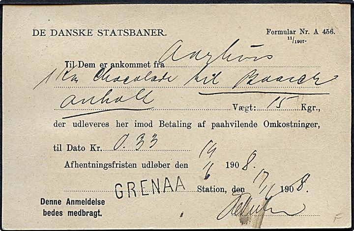 3 øre Bølgelinie på De danske Statsbaner adviskort stemplet Grenaa d. 18.6.1908 til Postfører Petersen, Havnen. Vedr. forsendelse til Anholt med liniestempel GRENAA.