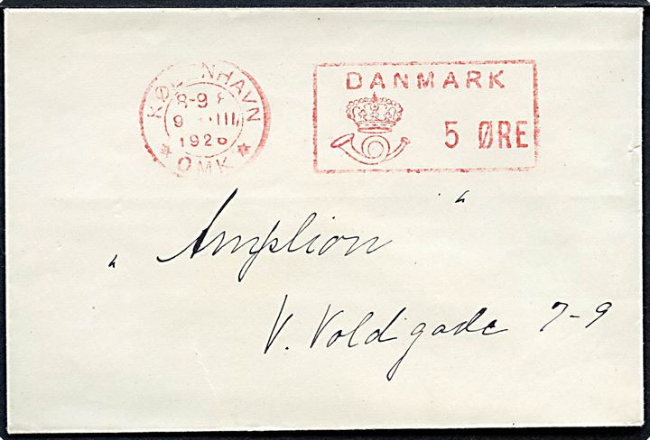 5 øre Posthusfranko på lokal tryksag stemplet København * OMK * d. 9.3.1926.