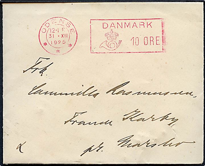10 øre Posthusfranko på tryksag fra Odense d. 31.12.1925 til Fraude Kærby pr. Marslev. Fuldt indhold.