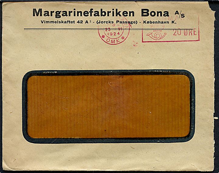 20 øre Posthusfranko på rudekuvert fra København *OMK* d. 23.6.1924. På bagsiden ank.stemplet Otterup.