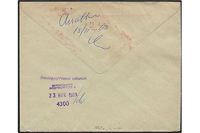 95 øre firmafranko på lokalt anbefalet brev i Svendborg d. 14.11.1963. Returneret med stempel Henliggefristen udløbet og trodat stempel med sorteringskode Svendborg Postkontor 4300 d. 23.11.1963.