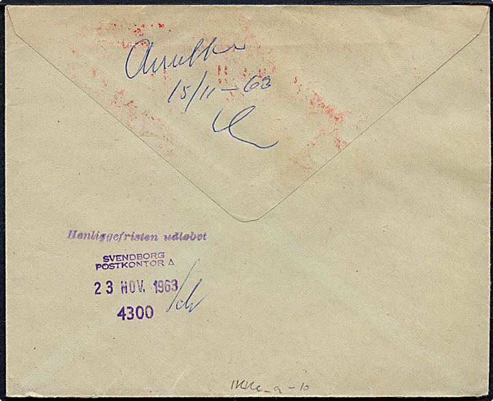 95 øre firmafranko på lokalt anbefalet brev i Svendborg d. 14.11.1963. Returneret med stempel Henliggefristen udløbet og trodat stempel med sorteringskode Svendborg Postkontor 4300 d. 23.11.1963.